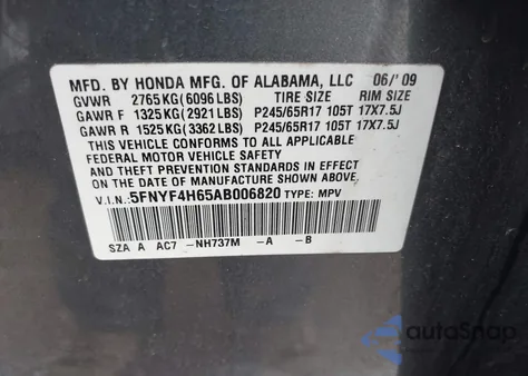 2010 Honda Pilot Ex-L z USA, uszkodzony, nr VIN 5FNYF4H65AB006820